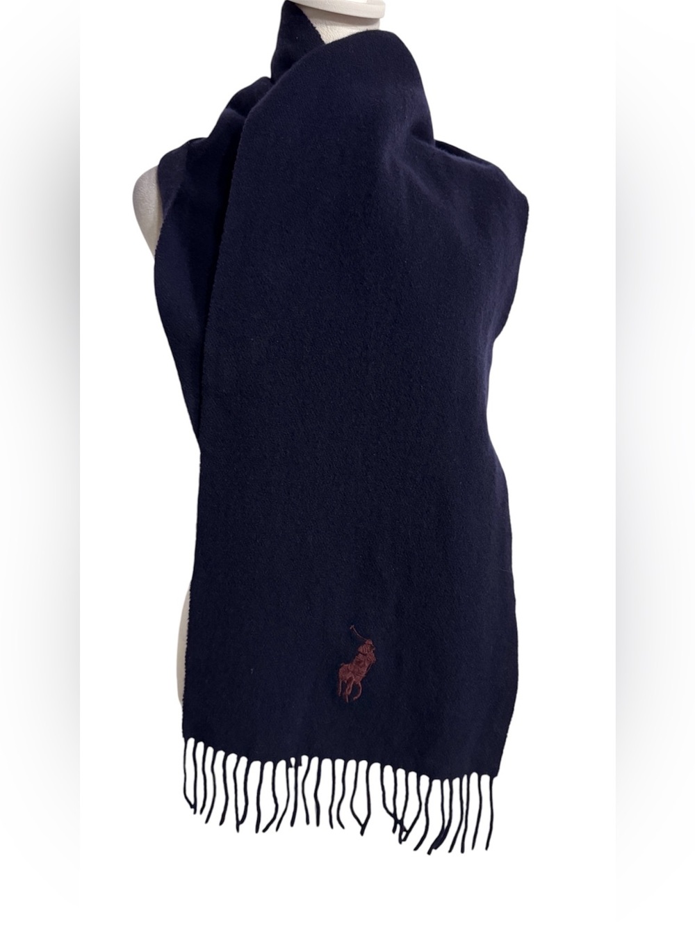 Ralph Lauren Dark Navy Wool Scarf with Embroidered Pony